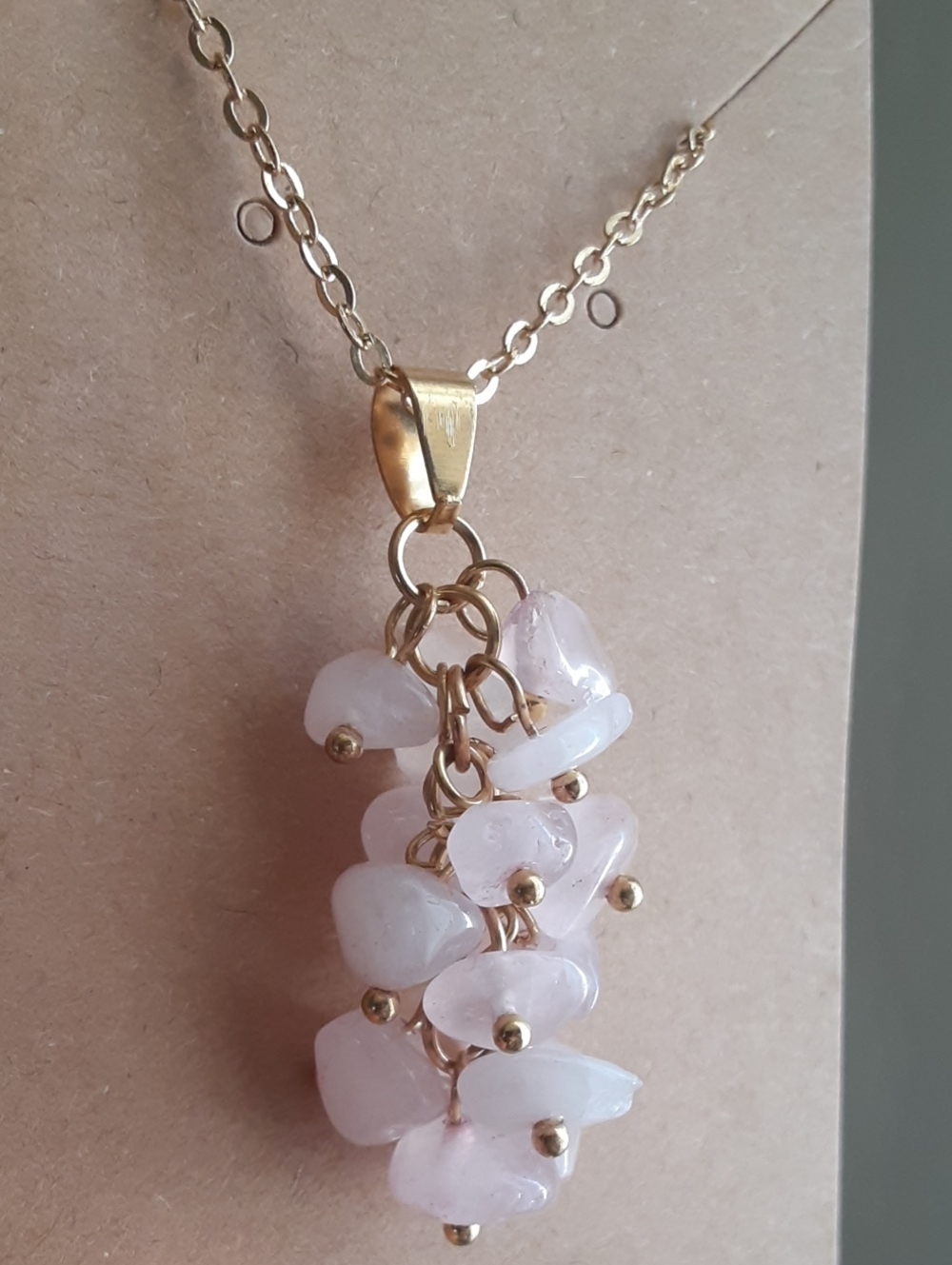 Gold Chain Necklace with Light Pink Rose Quartz Cluster Pendant